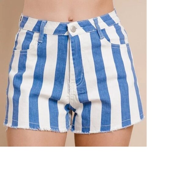 Blue and White Striped Distressed Hem Shorts - Picture 1 of 3